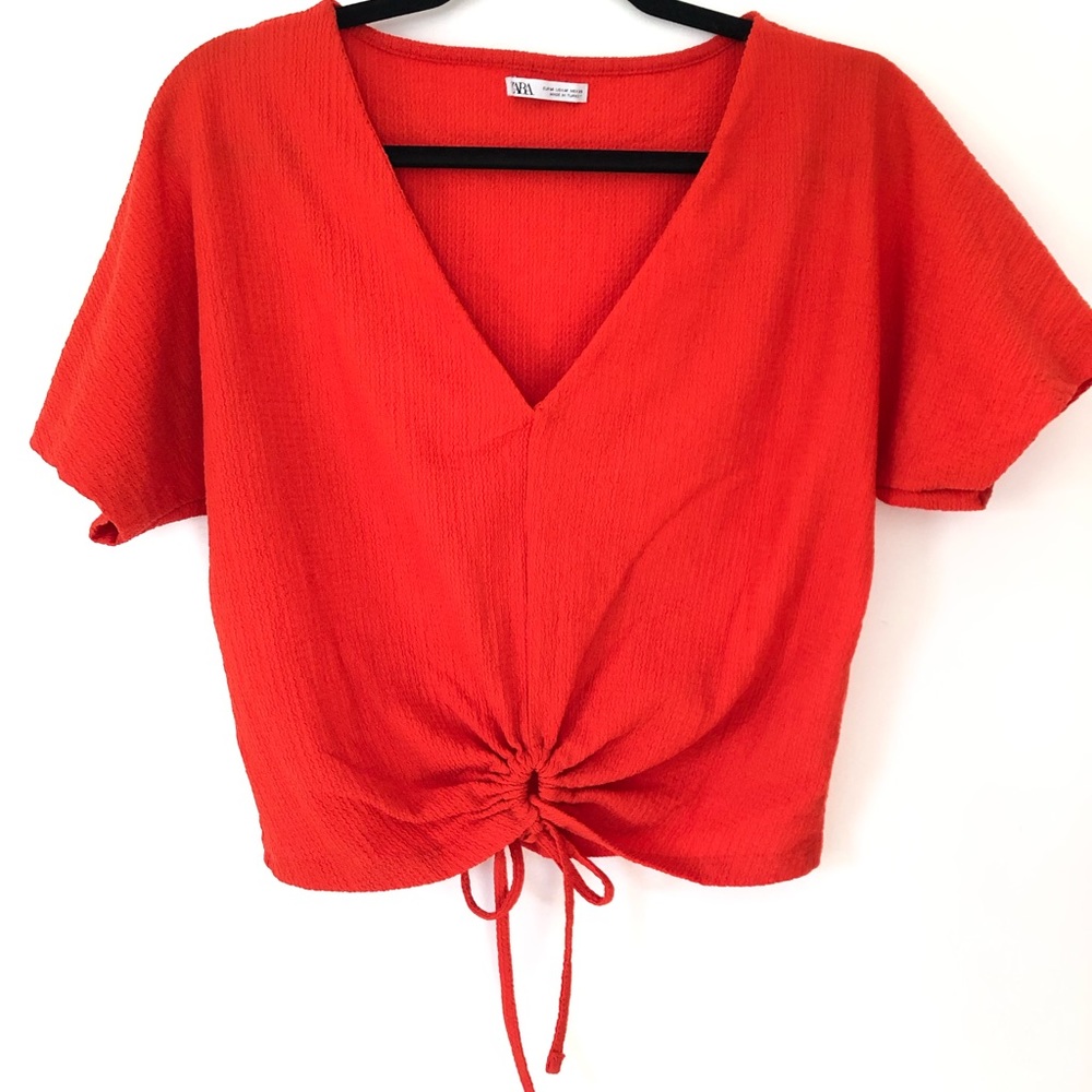 Zara Bright Orange Short Sleeve Tie Front Blouse